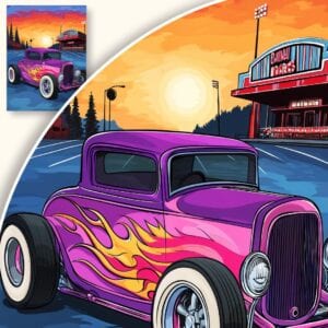 Plakat Sportowy samochód na tle zachodzącego słońca