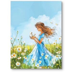 Plakat do pokoju dziecka dziewczynka stokrotki kwiaty łąka