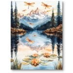 Plakat do pokoju dziecka krajobraz ważki góry lilie wodne jezioro