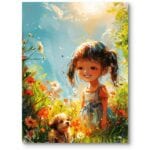 Plakat obrazek do pokoju dziecięcego dziewczynka piesek kwiaty Plakat obrazek do pokoju dziecięcego dziewczynka piesek kwiaty