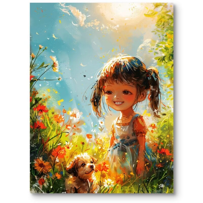 Plakat obrazek do pokoju dziecięcego dziewczynka piesek kwiaty Plakat obrazek do pokoju dziecięcego dziewczynka piesek kwiaty