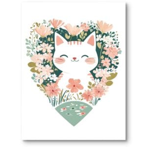 Plakat obrazek do pokoju dziecięcego kot zwierzęta kwiaty serce