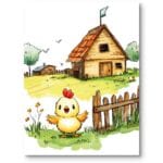 Plakat obrazek do pokoju dziecka kurczak zwierzęta krajobraz wiejski