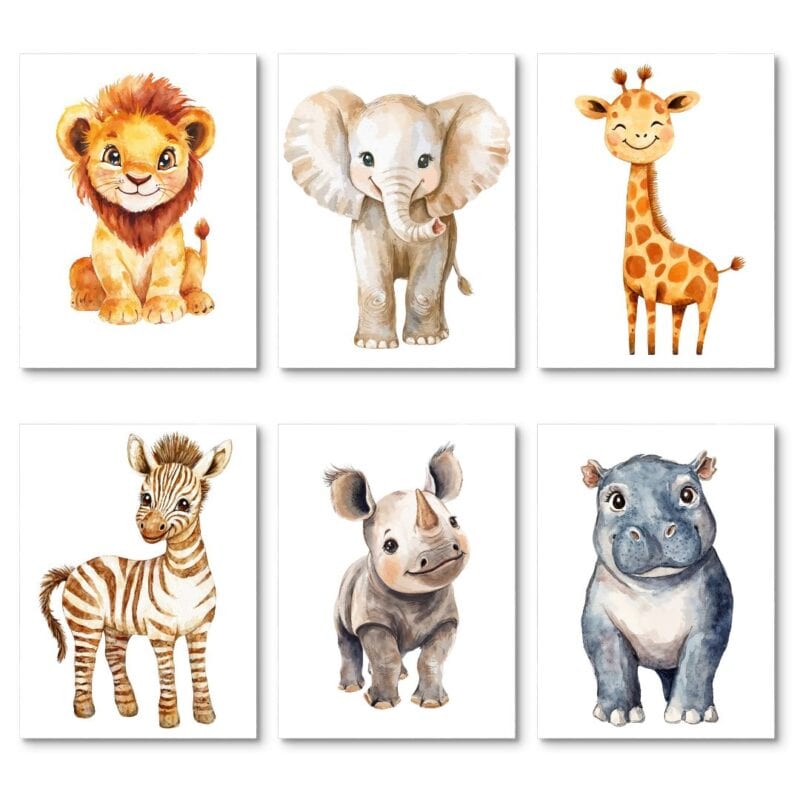 Zestaw 6szt. - plakaty obrazki dla dzieci zestaw 6szt zwierzęta lew słoń żyrafa