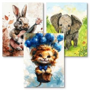 Zestaw 3szt. - plakaty obrazki do pokoju chłopca zwierzęta z zajączkiem