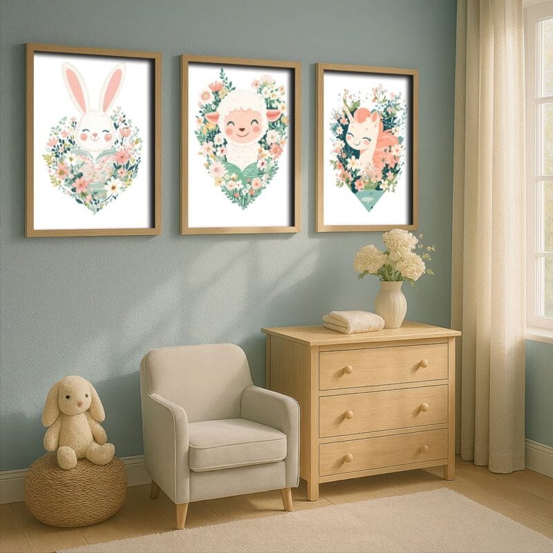 biały różowy zielony częściowo abstrakcyjny plakat na ścianę do przedszkola