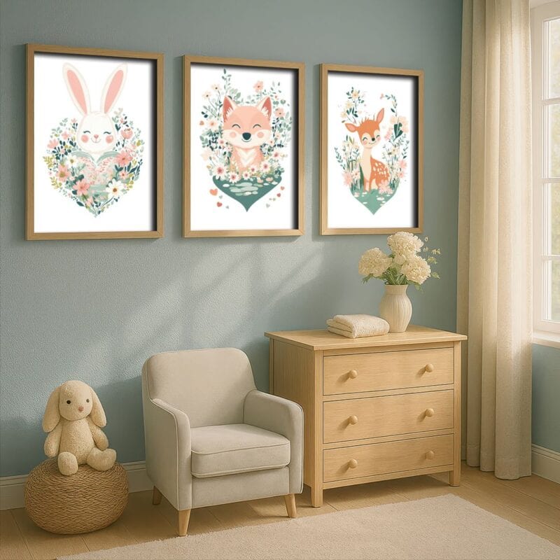 biały różowy zielony częściowo abstrakcyjny plakat na ścianę do przedszkola