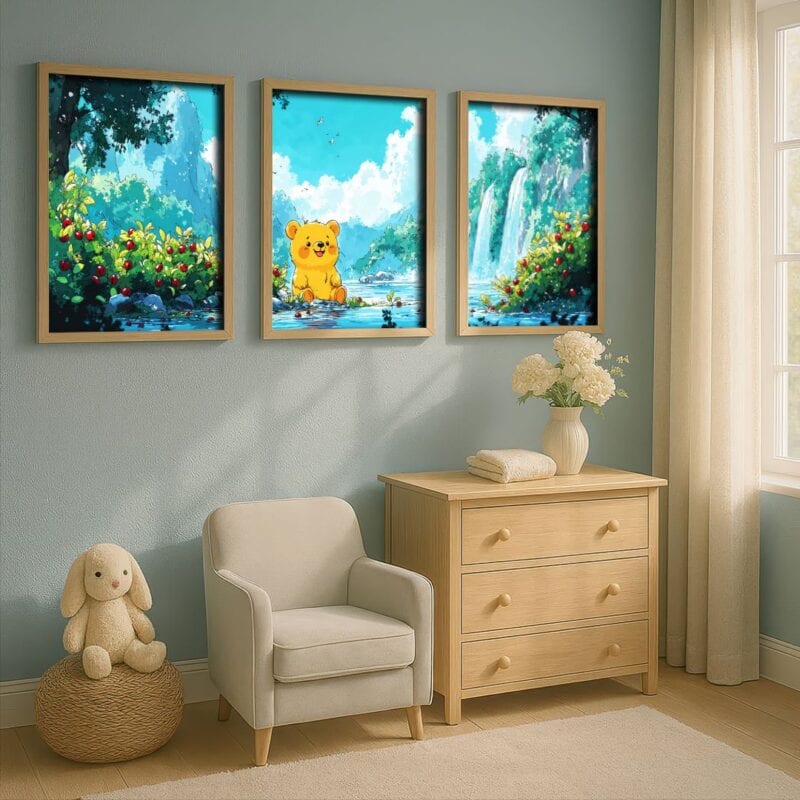 niebieski zielony żółty realistyczny plakat na ścianę do przedszkola