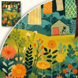 Plakat Wiejska sielanka z kwiatami i praniem na sznurku