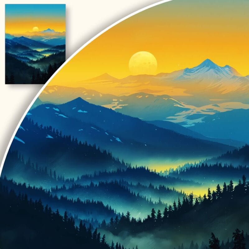 Plakat Krajobraz górski o zachodzie słońca