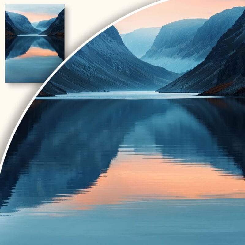 Plakat Spokojne jezioro w górach o świcie