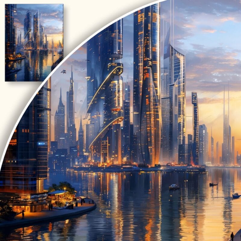 Plakat Futurystyczne miasto o zachodzie słońca