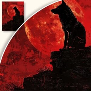 Plakat Wilk na tle krwistoczerwonego księżyca