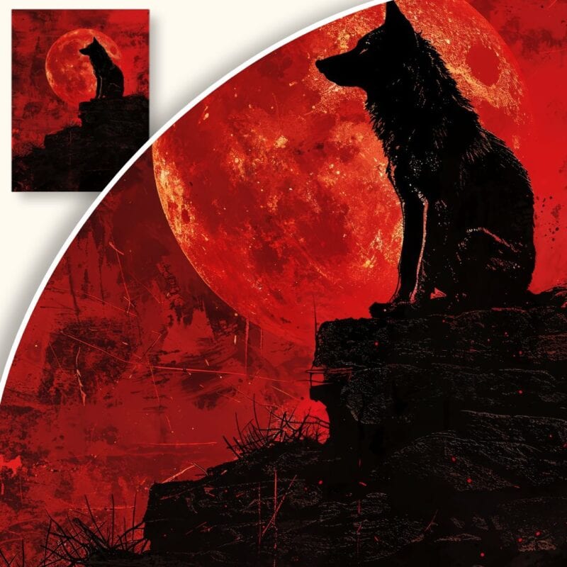 Plakat Wilk na tle krwistoczerwonego księżyca