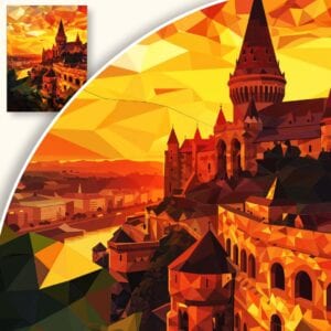 Plakat Baszta Rybacka w Budapeszcie o zachodzie słońca