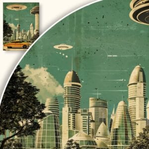 Plakat Futurystyczne miasto z UFO