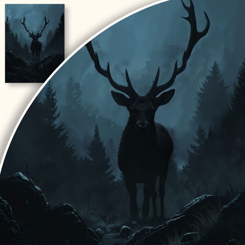 Plakat Majestatyczny jeleń w mrocznym lesie