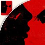 Plakat Kobieta i motyl na czerwonym tle