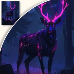 Plakat Magiczny jeleń w mrocznym lesie