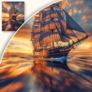 Plakat Statek żaglowy na tle zachodu słońca