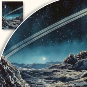 Plakat Kosmiczny krajobraz z pierścieniami i księżycami