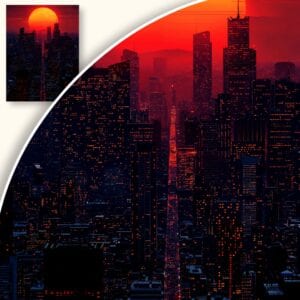 Plakat Zachód słońca nad miejskim krajobrazem