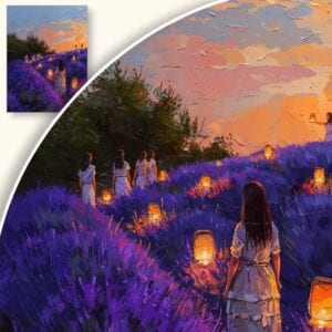 Obraz Kobiety wśród lawendy o zachodzie słońca