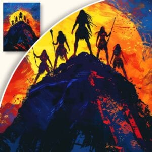 Obraz Wojownicy na szczycie góry przy wschodzie słońca