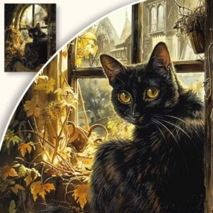 Obraz Czarny kot w oknie z jesiennym pejzażem