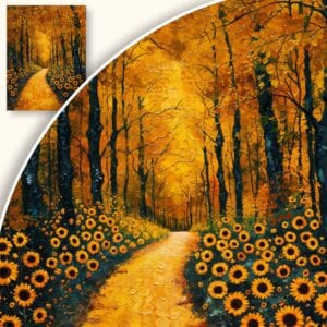 Obraz Jesienny las z kwitnącymi słonecznikami