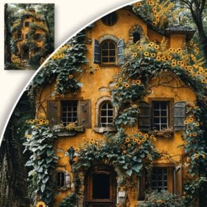 Plakat Rustykalny dom z winoroślą i słonecznikami