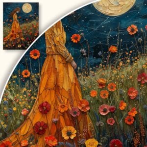 Obraz Kobieta w pomarańczowej sukni na łące nocą