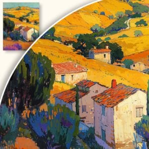 Obraz Wiejski krajobraz z domami na wzgórzach