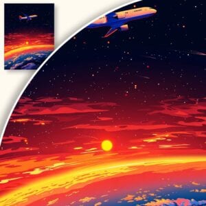 Plakat Samolot nad Ziemią o Zachodzie Słońca