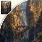 zb3-1599-3n Obraz Tajemniczy krajobraz górski z ruinami i wodospadami