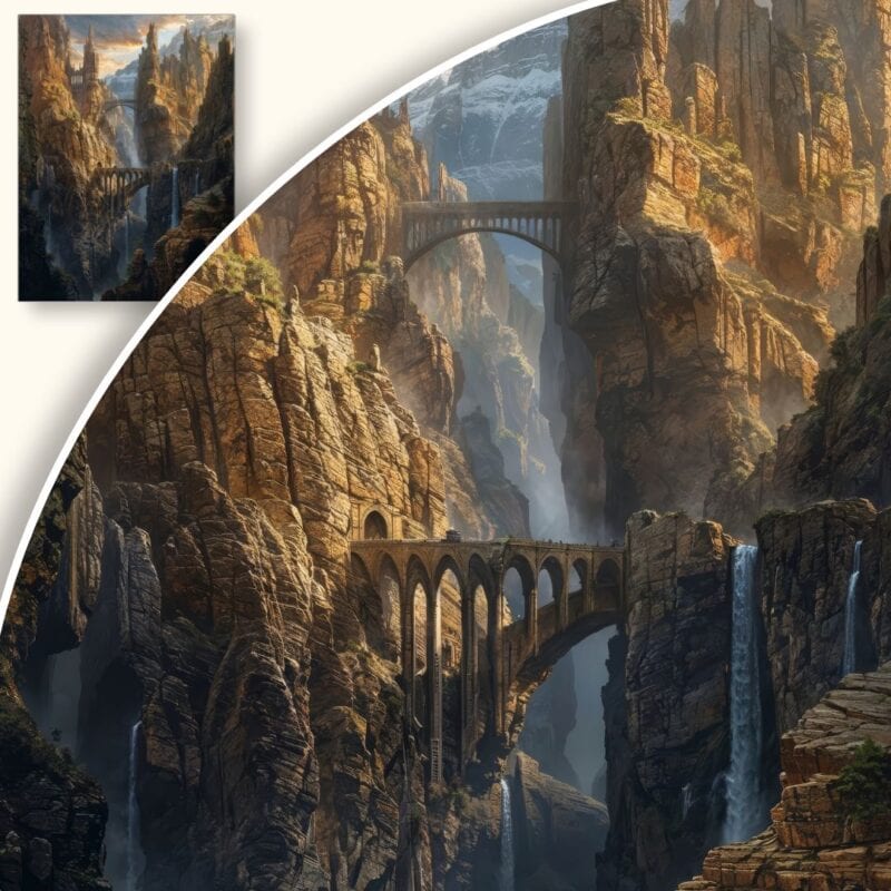 Obraz Tajemniczy krajobraz górski z ruinami i wodospadami