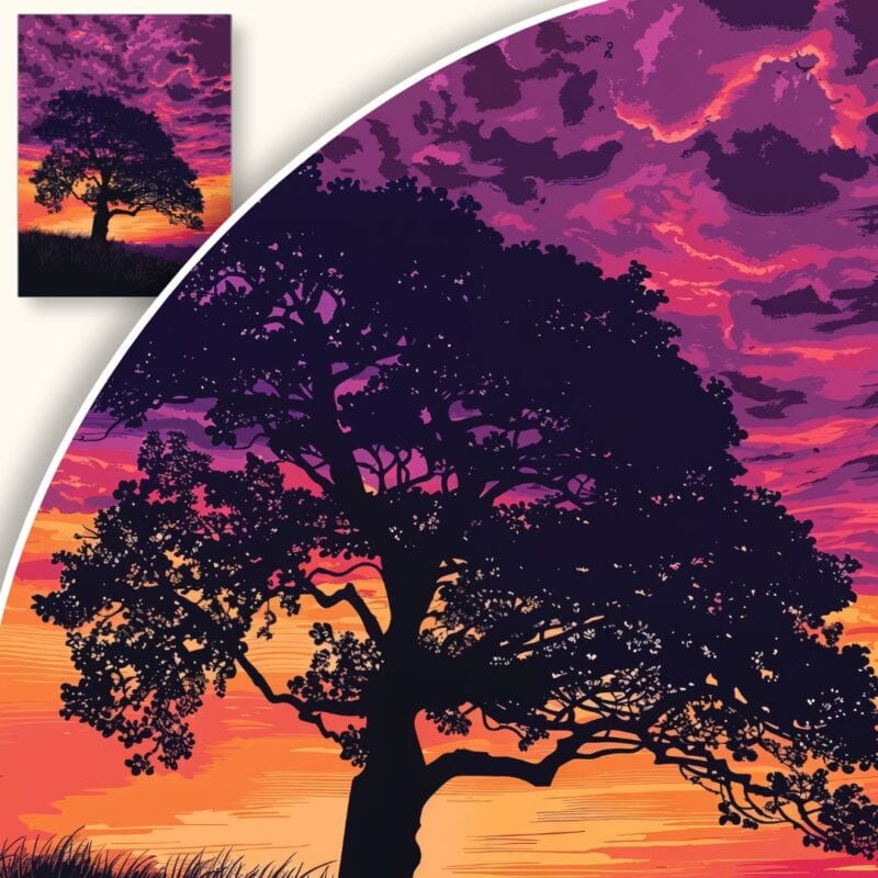 Plakat Zachód słońca nad drzewem