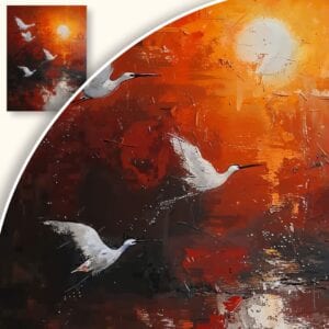 Obraz Czaple Lecące w Kierunku Zachodzącego Słońca