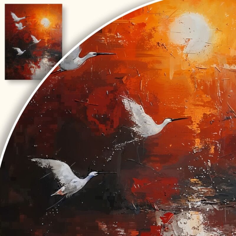 Obraz Czaple Lecące w Kierunku Zachodzącego Słońca