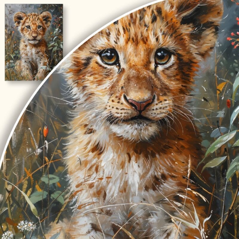 Obraz Urocze lwiątko wśród roślinności