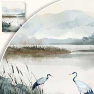 Plakat spokojne żurawie nad jeziorem