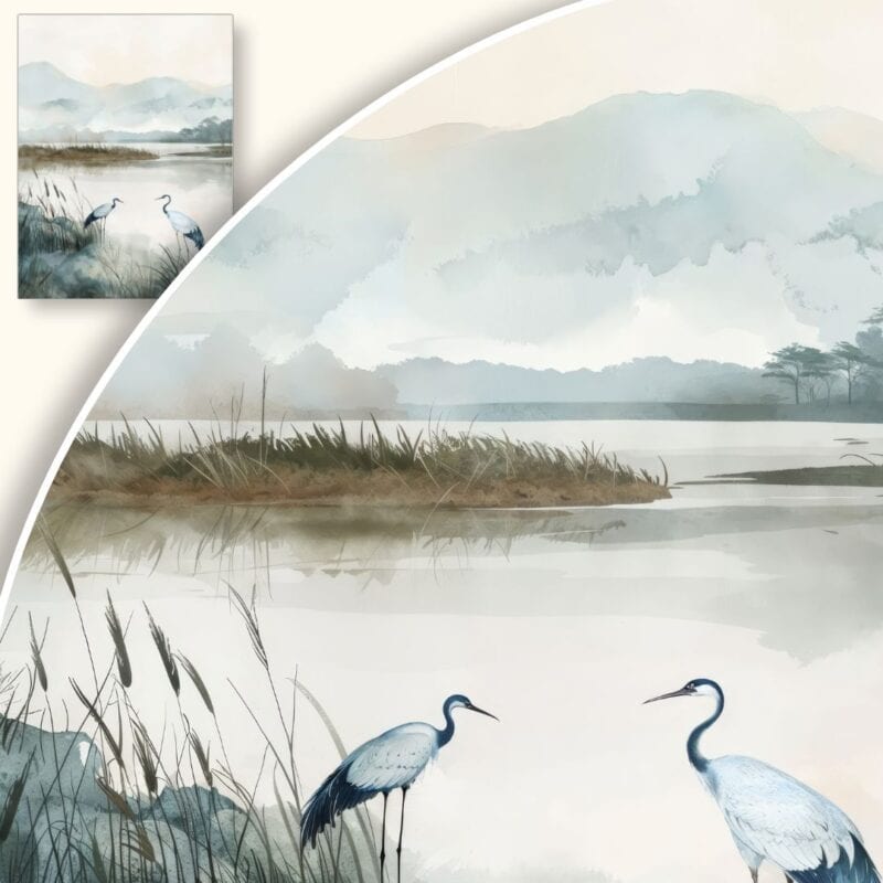 Plakat Spokojne żurawie nad jeziorem