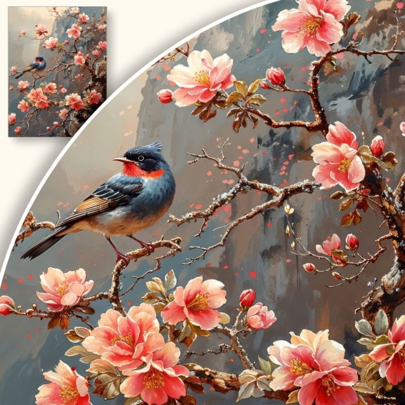 Obraz Ptak na gałęzi kwitnącej wiśni