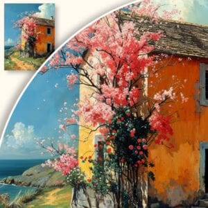 Obraz Wiejski dom z kwitnącym różowym drzewem