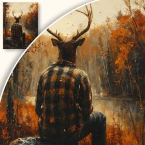 Obraz Mężczyzna z głową jelenia nad jeziorem w jesiennym lesie