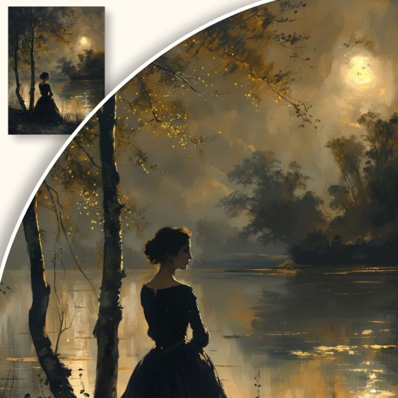 Obraz Kobieta nad jeziorem w świetle księżyca