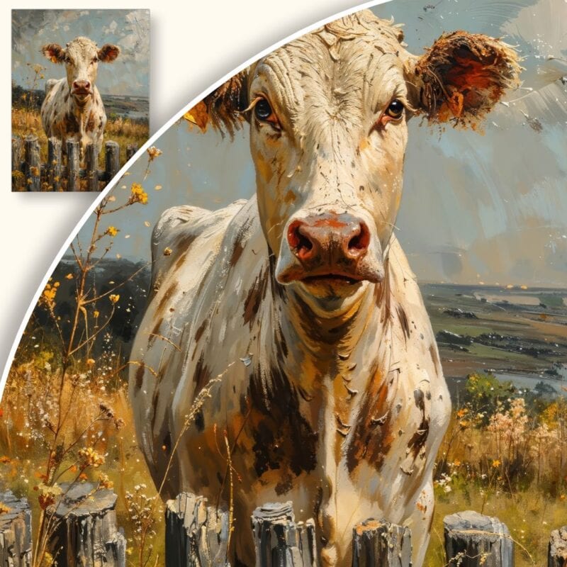 Obraz Krowa przy drewnianym płocie