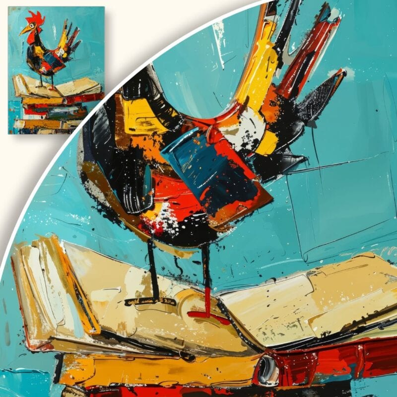 Obraz Kolorowy kogut na stosie książek