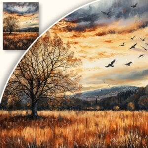 Obraz Jesienny krajobraz z drzewem i ptakami