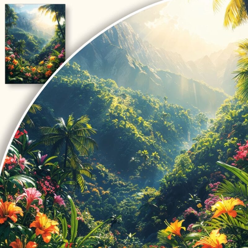 Plakat Tropikalny krajobraz z kwiatami i górami